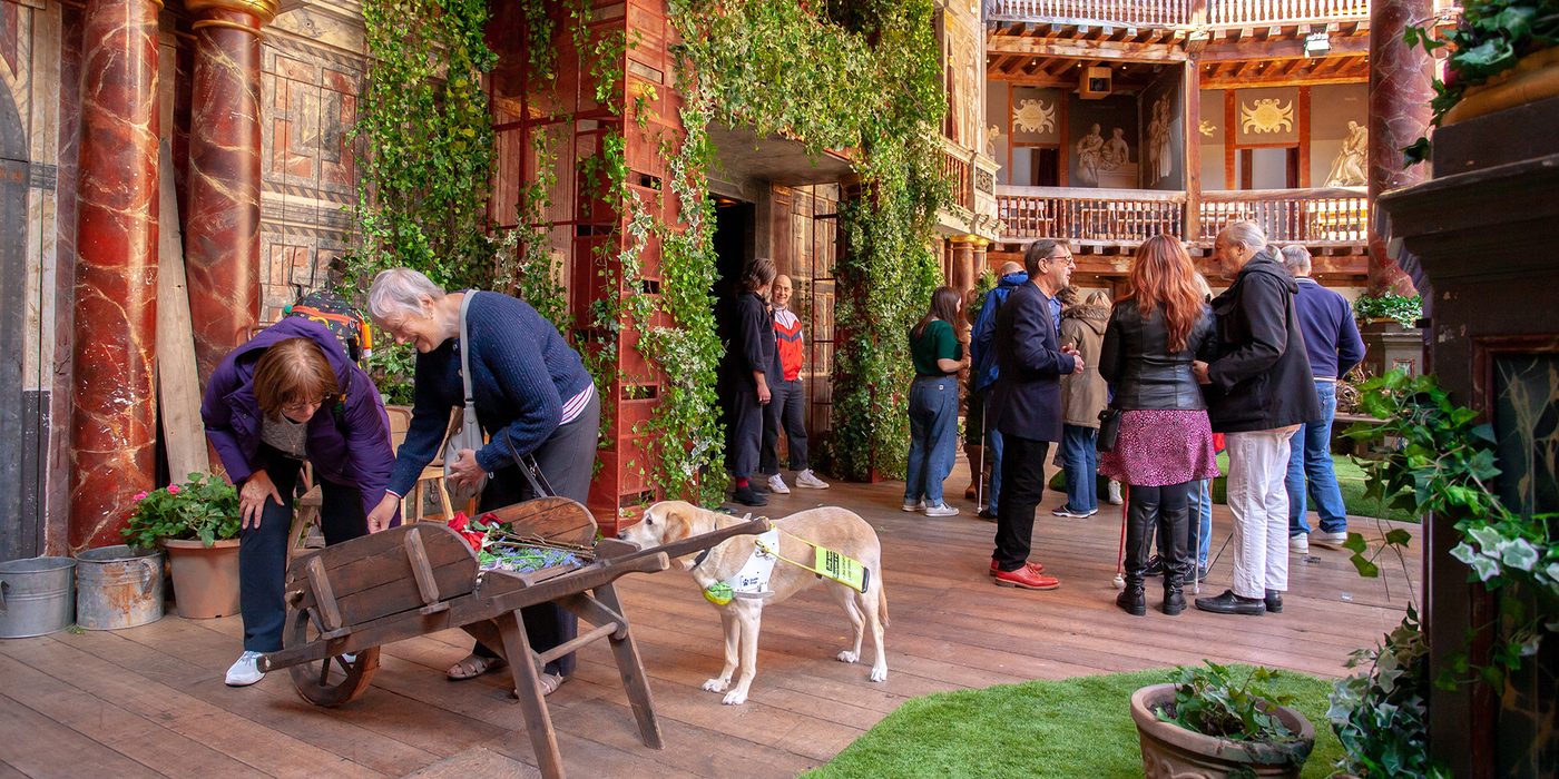 A group of people closely examine a garden set on a stage. With them is a guide dog.