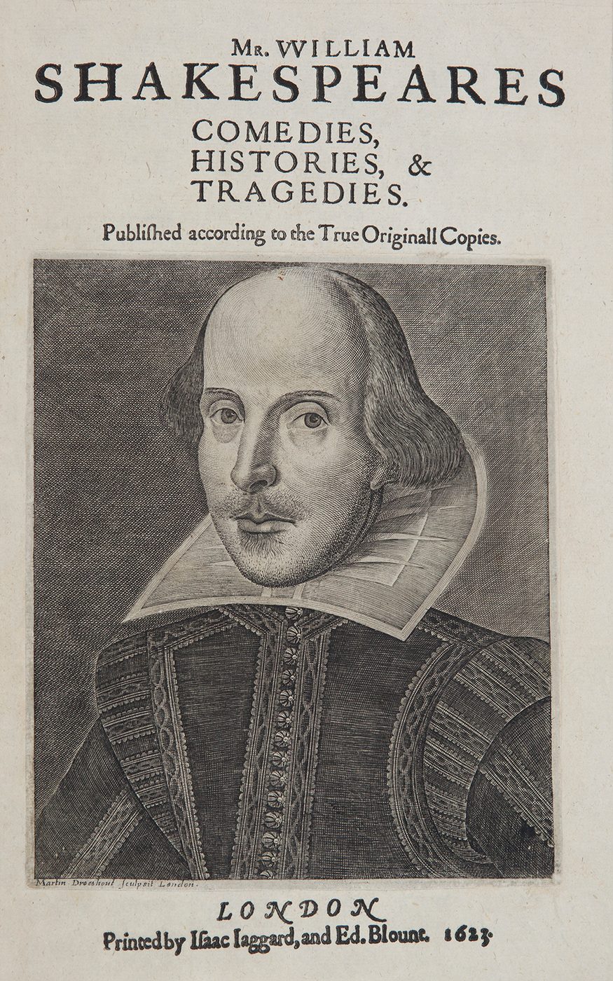 A portrait of William Shakespeare engraved by Martin Droeshout as the frontispiece for the title page of the First Folio