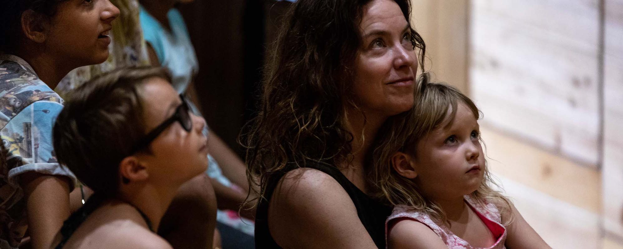 A grown up sits in a theatre with two children