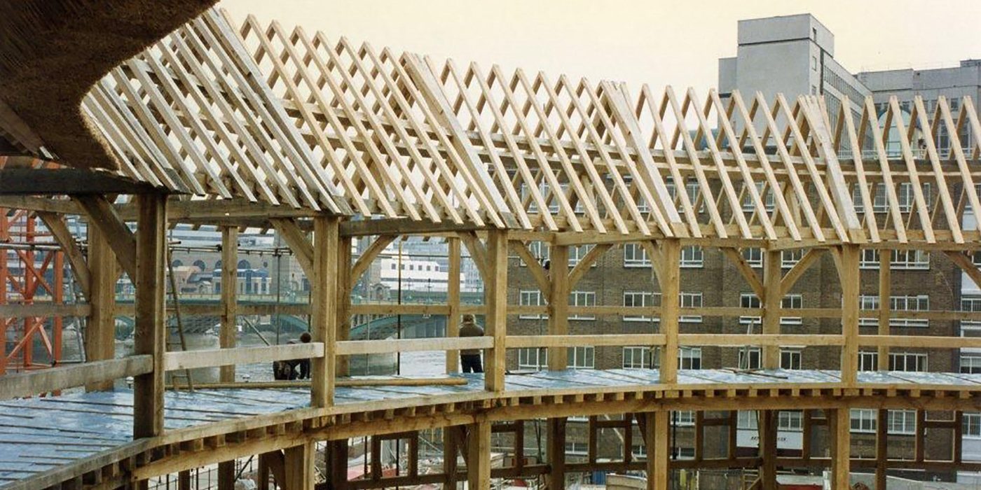 A portion of a circular timber frame