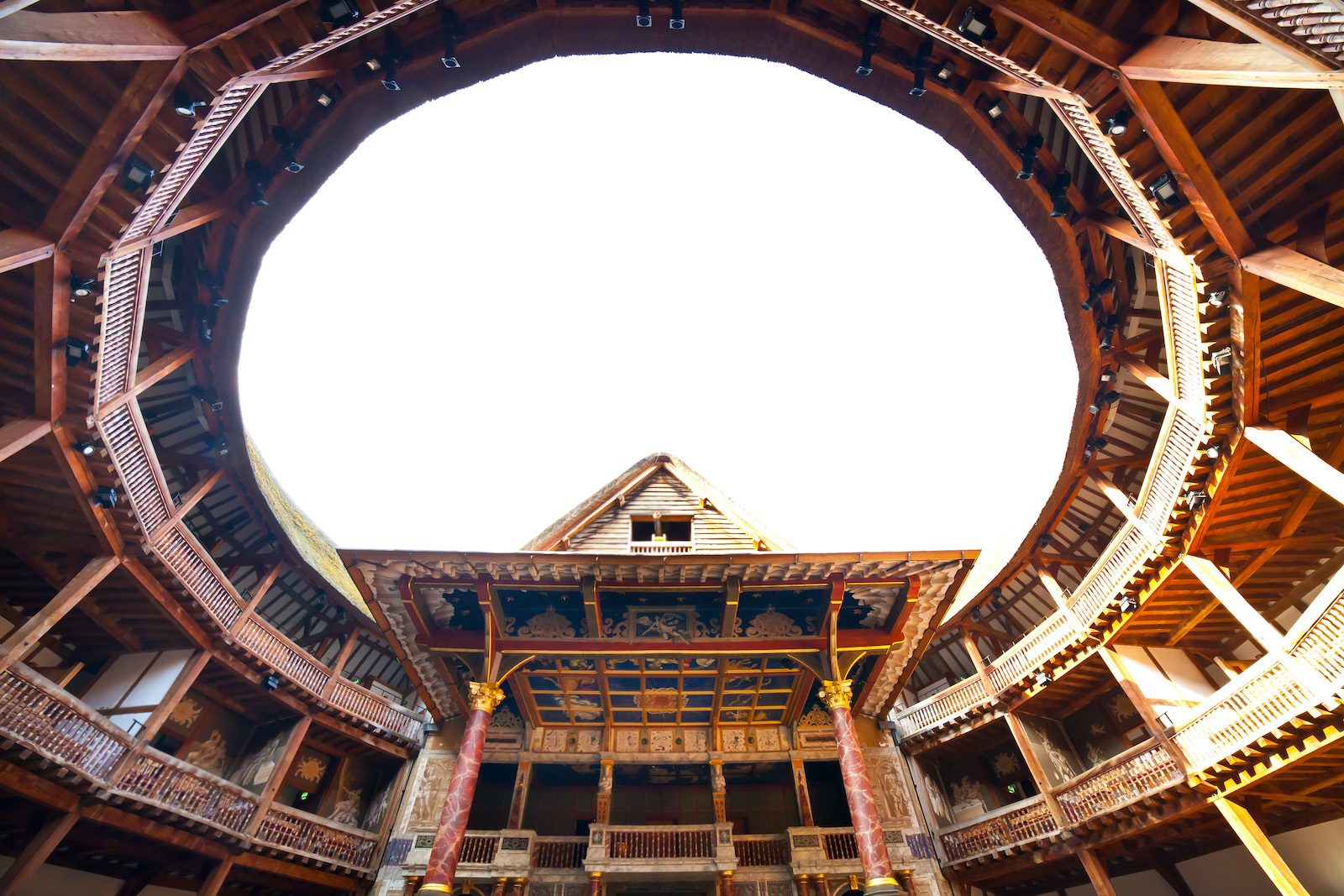 The open air Globe Theatre with its large, round ceiling opening