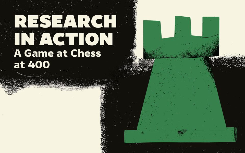 Stylised cartoon of a castle, with writing saying "Research In Action: A Game at Chess at 400"