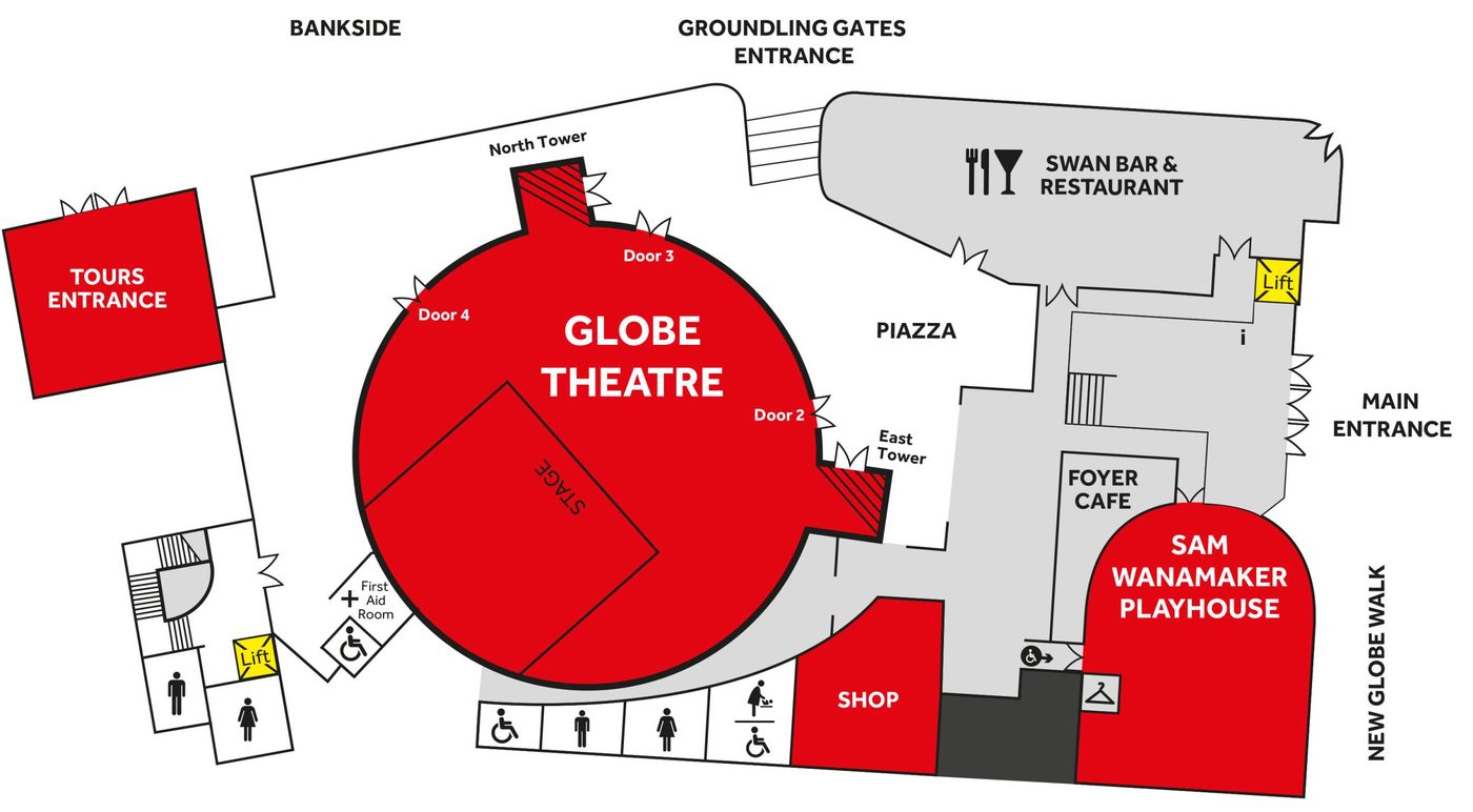 Map of Shakespeare's Globe main site. From New Globe Walk along the east side of the site, doors open onto the main foyer, from which the Sam Wanamaker Playhouse, Swan Bar & Restaurant, shop, and toilets can be accessed. The foyer also opens out onto an outdoor piazza, which wraps around the circular Globe theatre. Separately, the Tours Entrance to the site is located to the north of the site (accessed via Bankside).