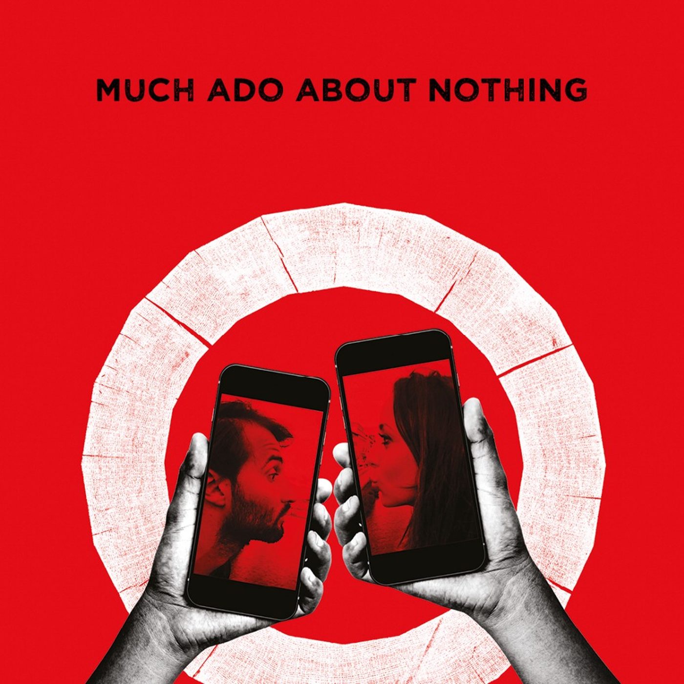 Two hands holding mobile phones featuring the faces of a man and a woman in a white circle