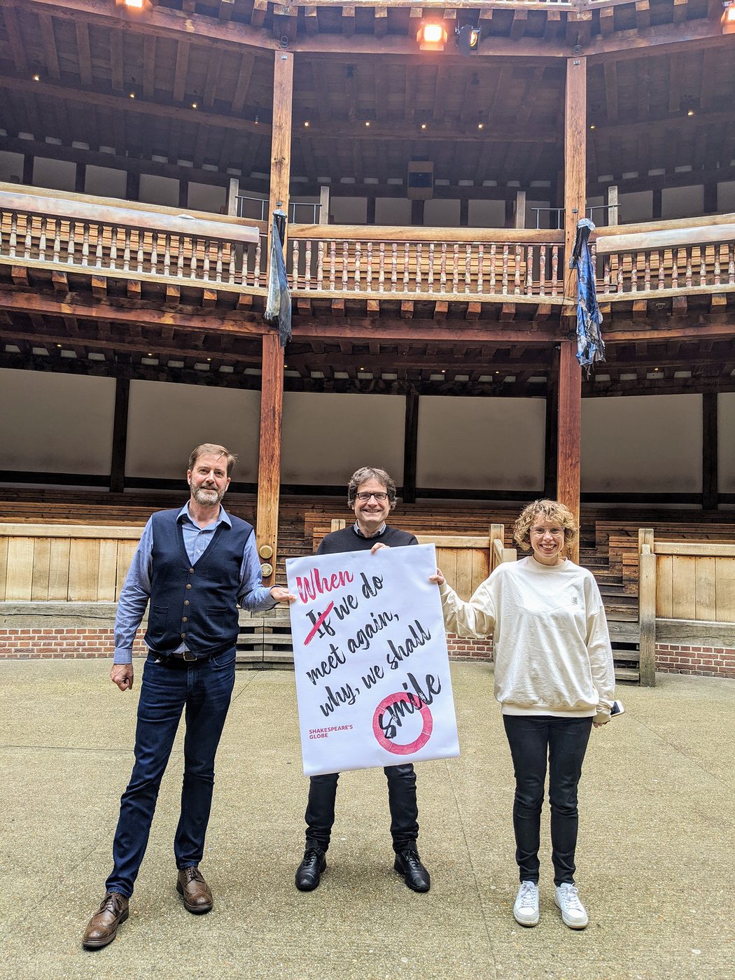 Neil Constable, Patrick Spottiswoode and Michelle Terry in the Globe Theatre