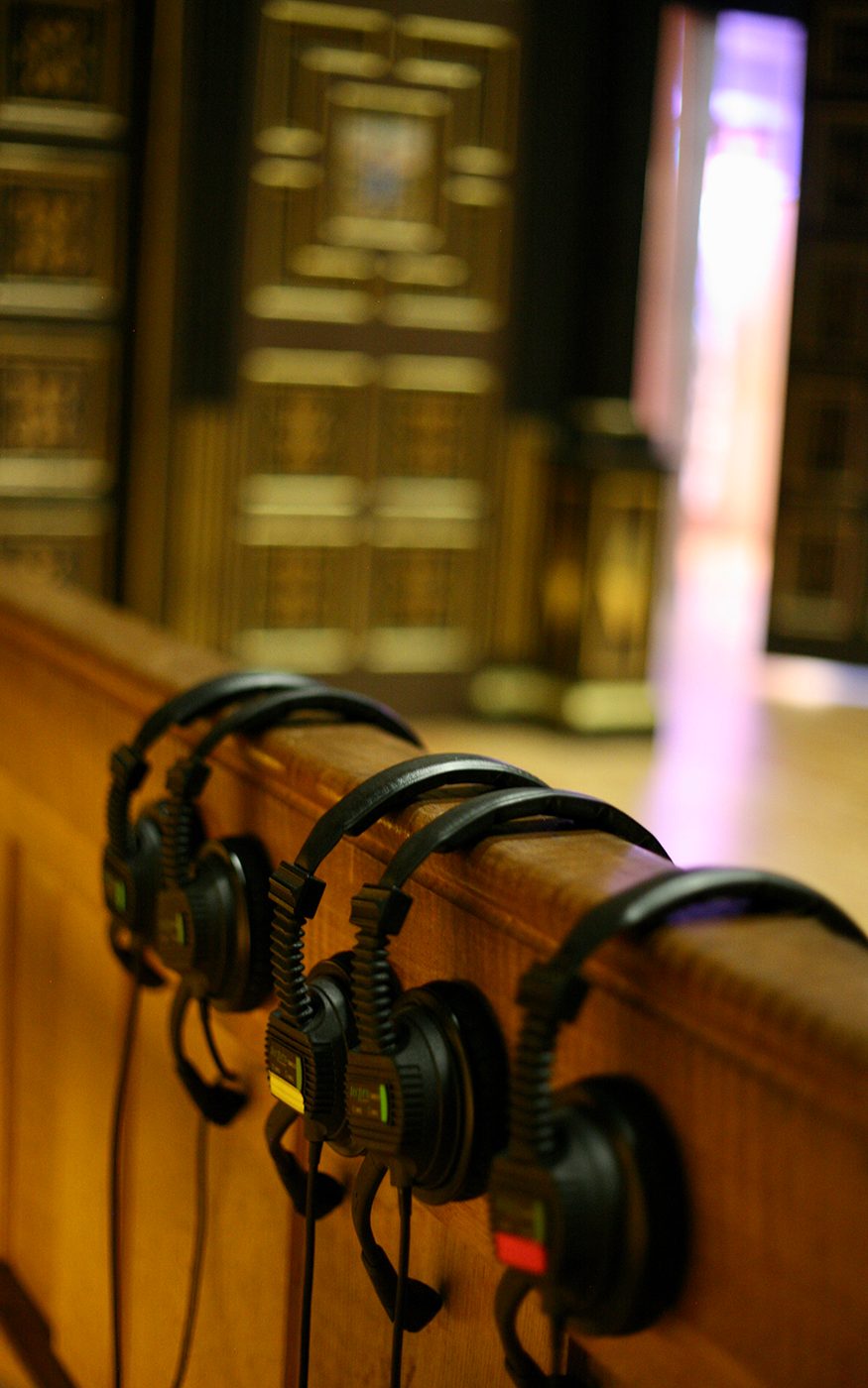 Headsets resting on the side lines of the Sam Wanamaker Stage