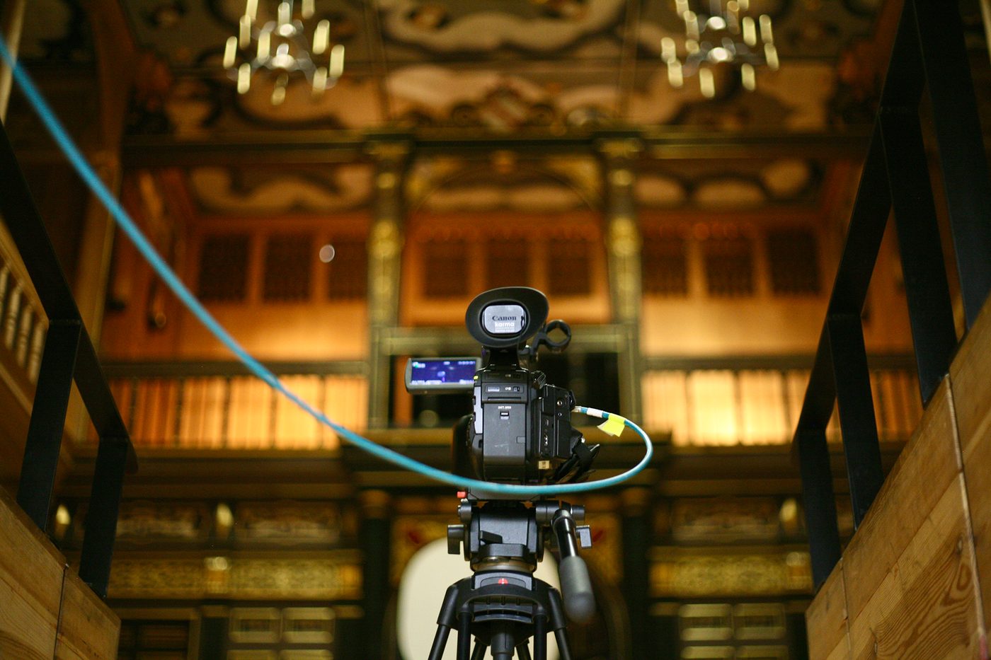 A camera is set up for a recording of the Shakespeare & Race Festival in 2020 in the Sam Wanamaker Playhouse