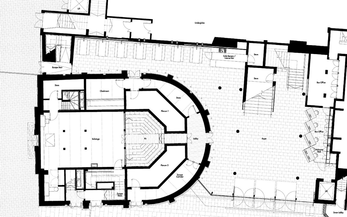 A drawing of a birds eye view of an indoor theatre