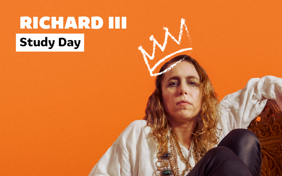 Michelle Terry as Richard III wearing a white graphic crown in front of an orange background. Overlaid with white text which reads Richard III study day.