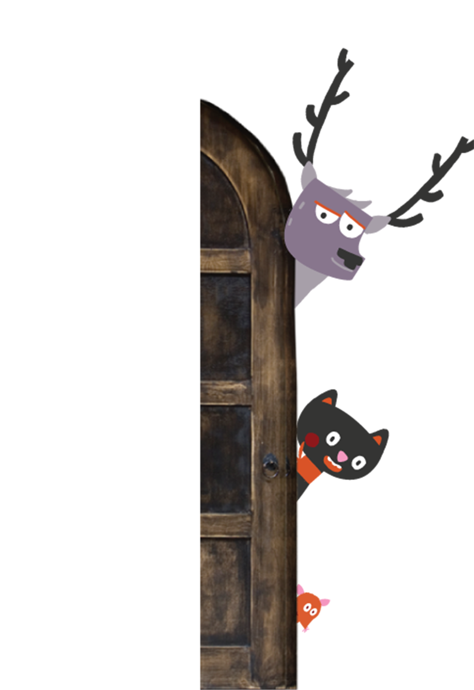 An illustration of some animals peeking behind a door