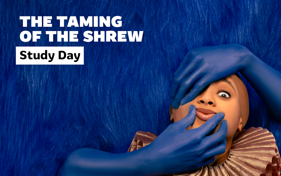 Close up of woman in a ruff whose face is being manipulated by blue arms protruding from a fluffy blue wall. White overlay text reads the taming of the shrew study day.