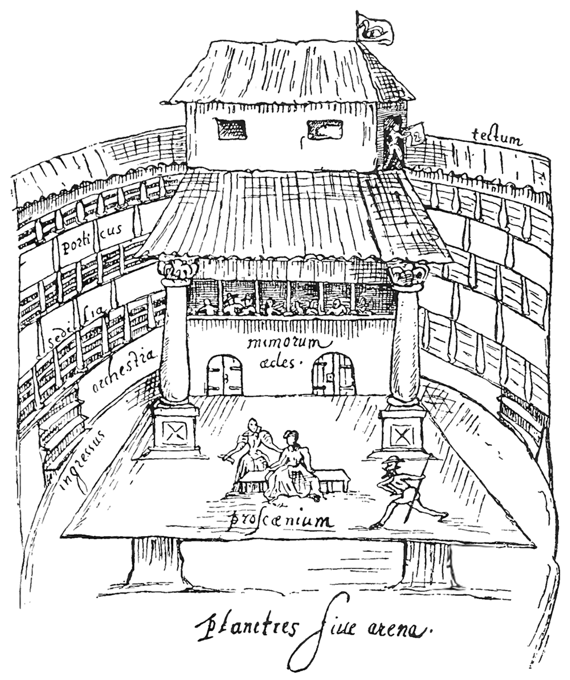 Sketch of an Elizabeth playhouse with thatched roof.